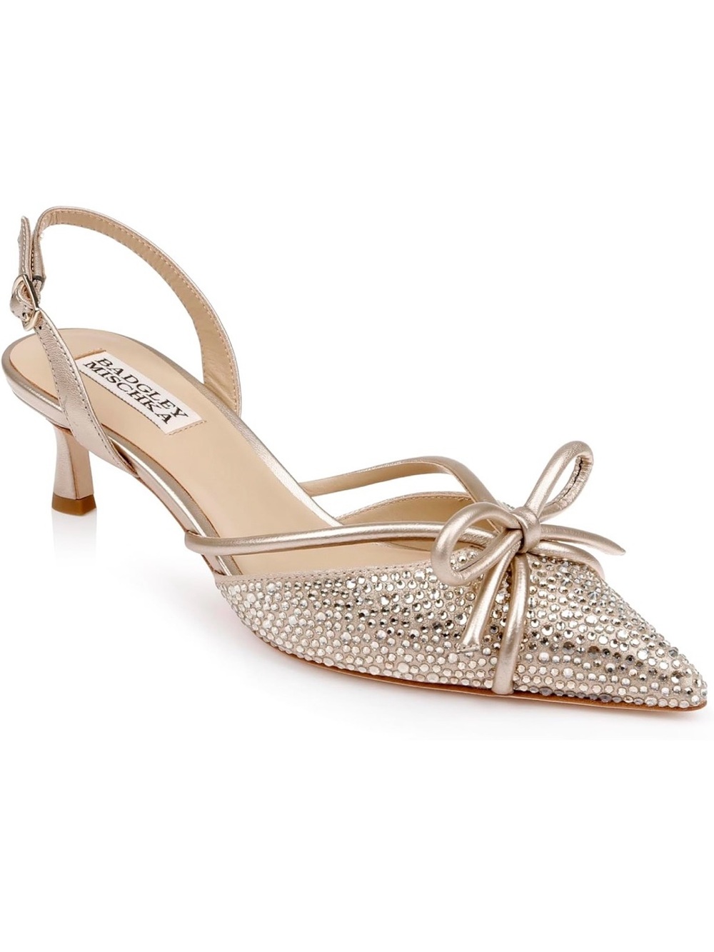 Badgley Mischka Angelina Slingback Kitten Heel Leather Gold Champagne Crystal 5